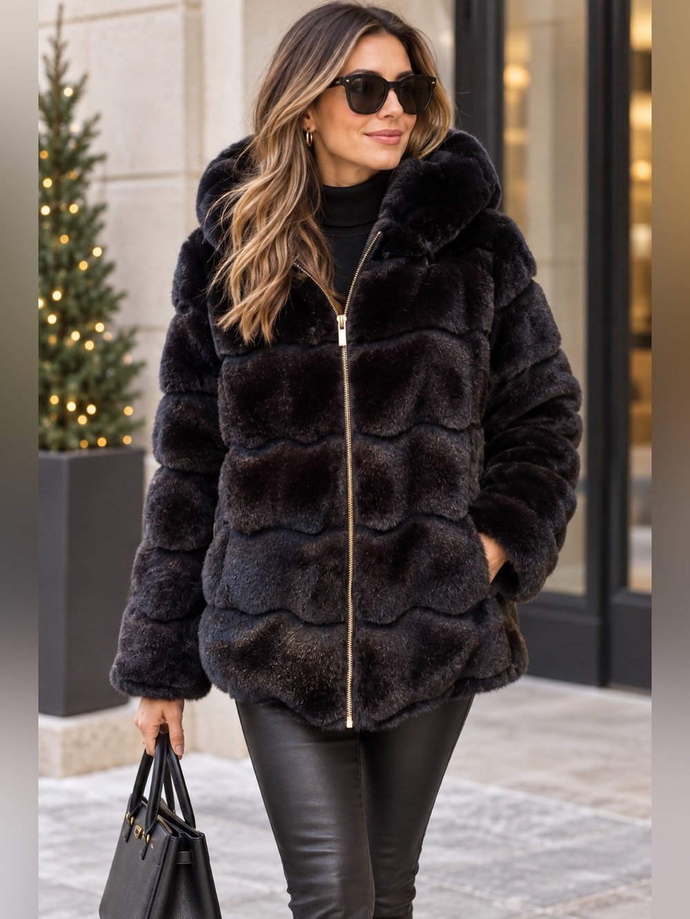 Via Spiga Luxe Faux Fur Black Coat with Hood Reversible Medium Gold Zipper NWOT